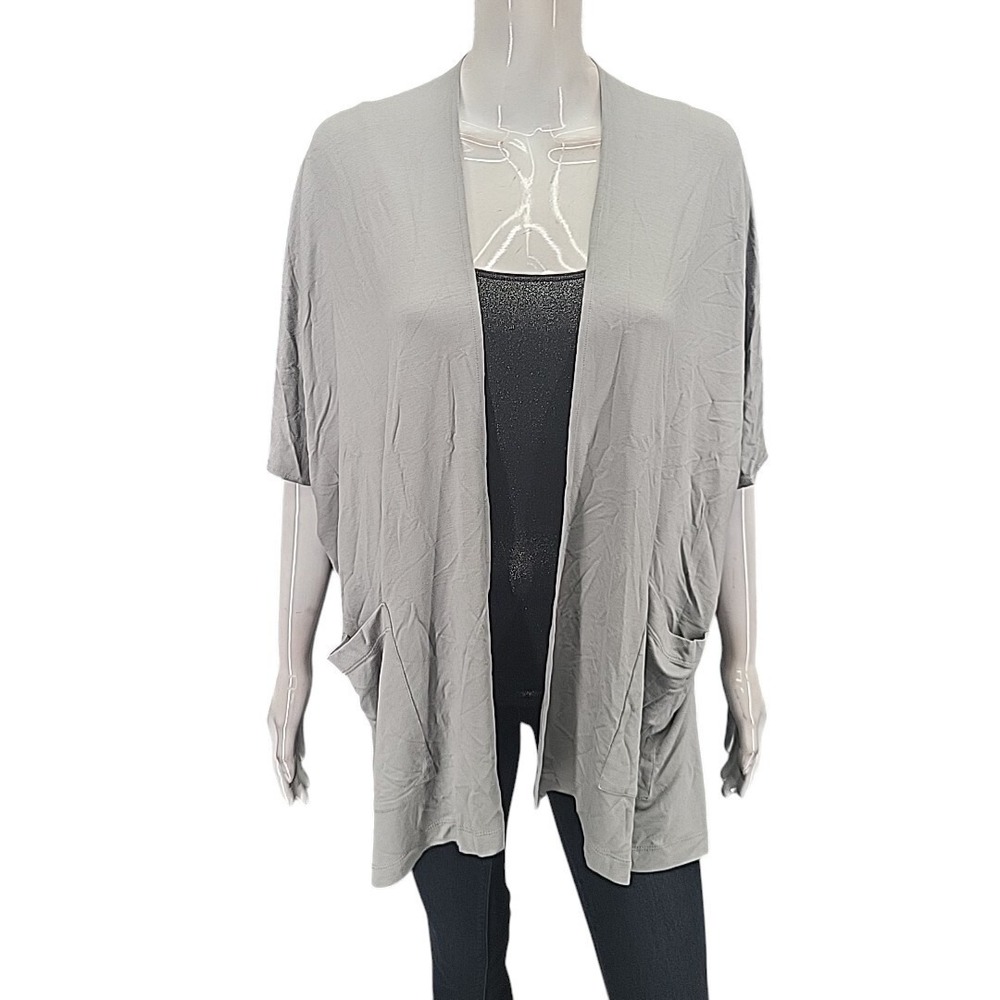 Susan Graver Weekend Jersey Knit Open Cardigan Pockets Gray Petite Small A399657